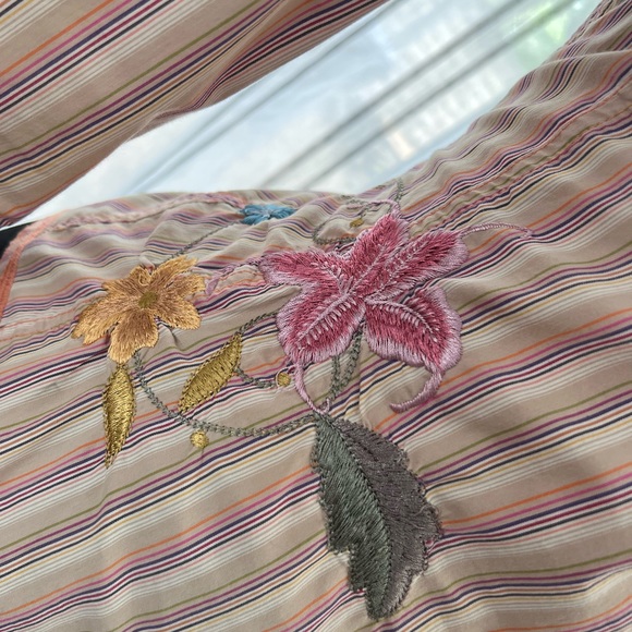 Johnny Was Striped Embroidered Floral Button Up Size M Women's Top Shirt Blouse - Picture 5 of 12